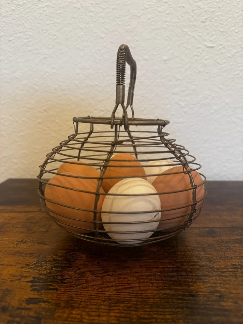 Vintage Wire Egg Basket with Faux Eggs Rustic Farmhouse Cottagecore Decor